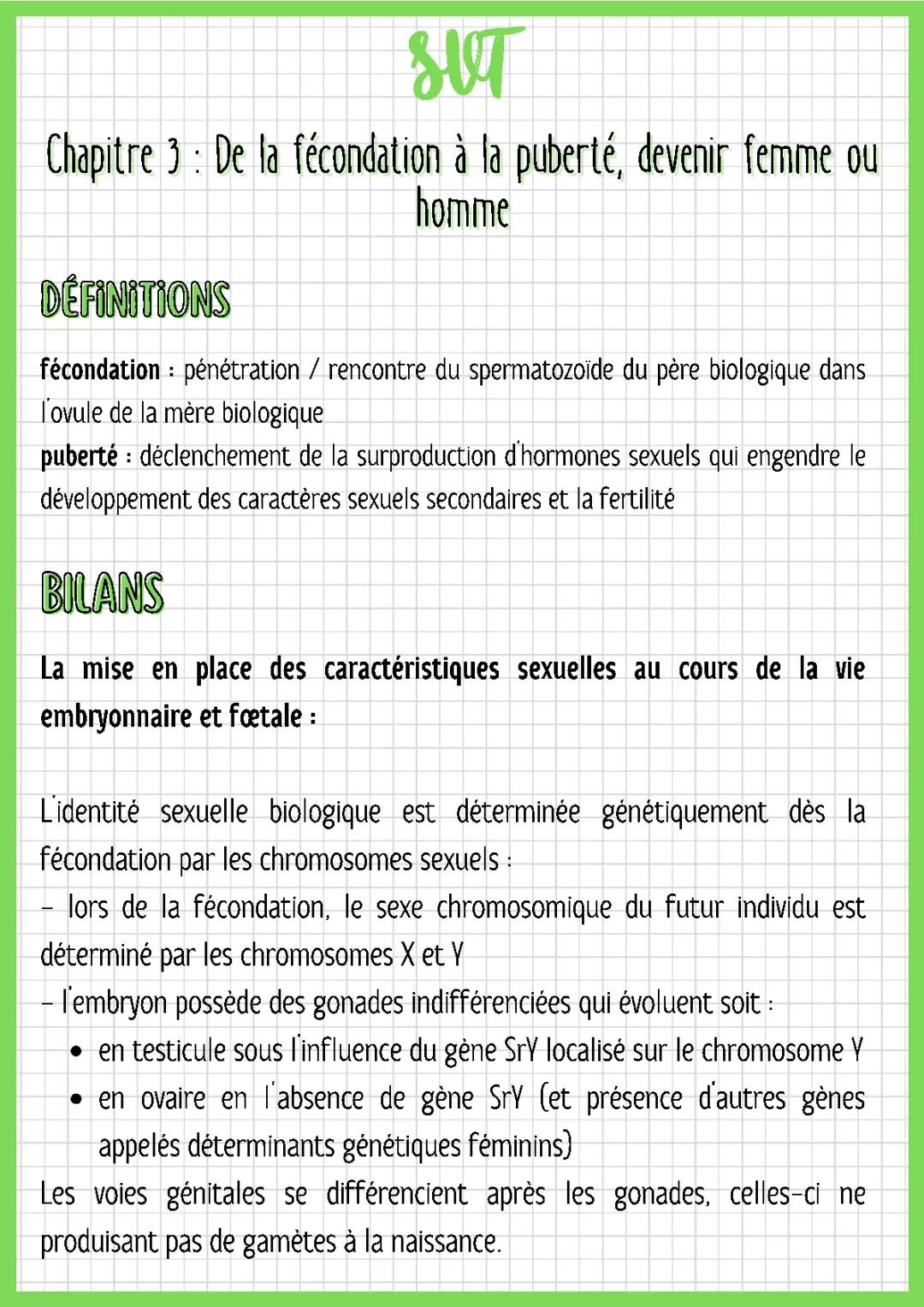 De la fécondation à la puberté Seconde : Cours, Quiz, TP et Exercices corrigés