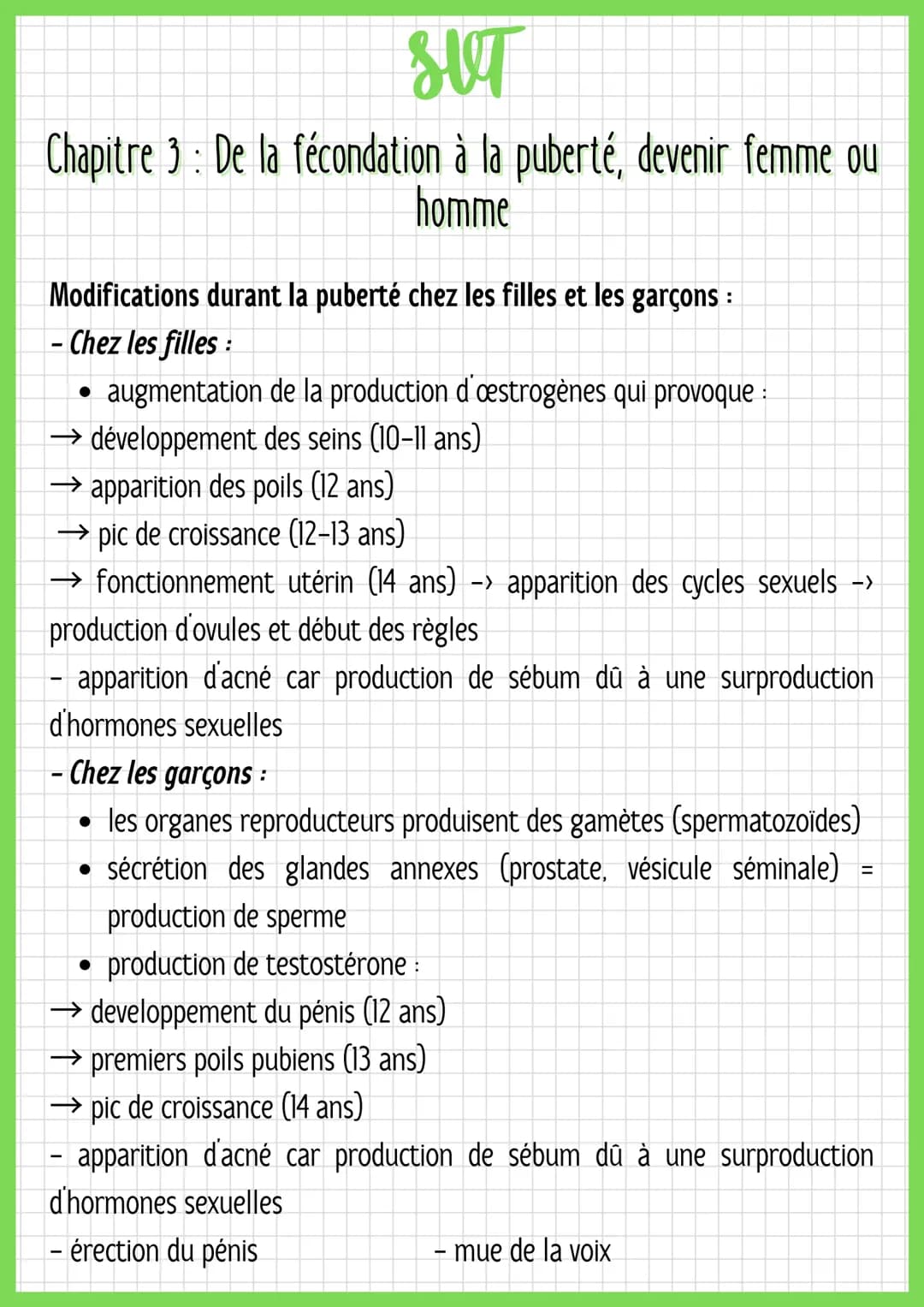SUT
Chapitre 3: De la fécondation à la puberté, devenir femme ou
homme
DÉFINITIONS
fécondation pénétration / rencontre du spermatozoïde du p