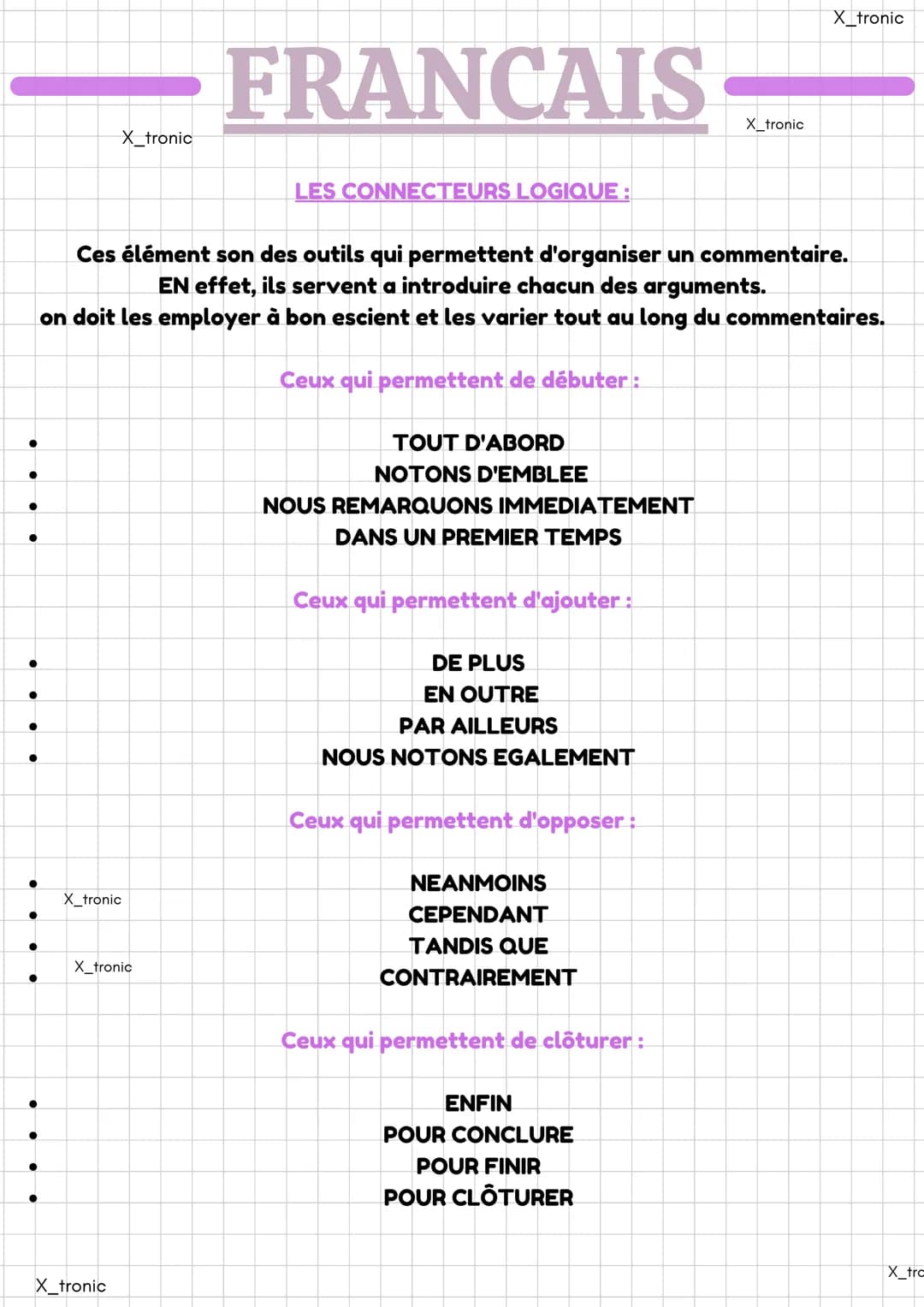 ●●
X_tronic
X_tronic
X_tronic
X_tronic
FRANCAIS
LES CONNECTEURS LOGIQUE :
Ces élément son des outils qui permettent d'organiser un commentai
