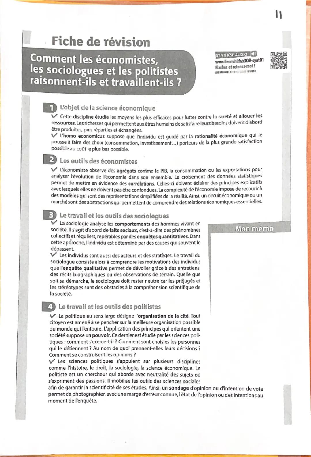 Fiche de révision
Comment les économistes,
les sociologues et les politistes
raisonnent-ils et travaillent-ils ?
1 L'objet de la science éco