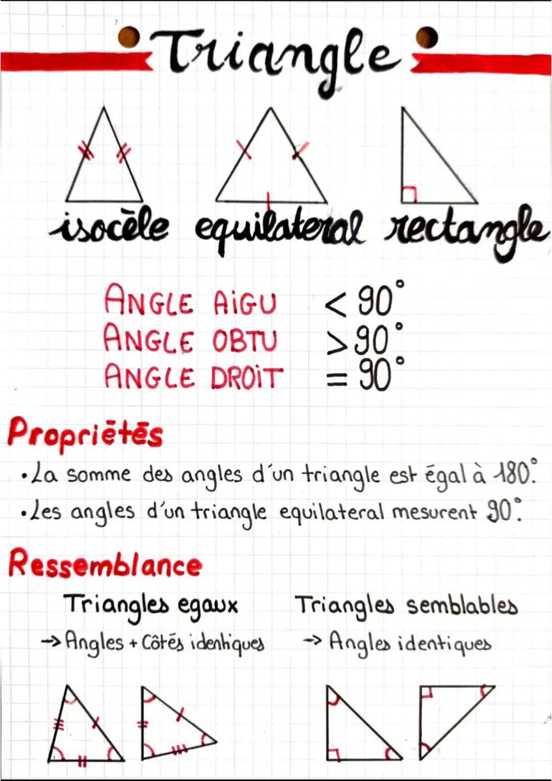 Triangle
isocèle equilateral rectangle
ANGLE AIGU < 90°
ANGLE OBTU
ANGLE DROIT = 90°
>90°
Propriétés
•La somme des angles d'un triangle est 