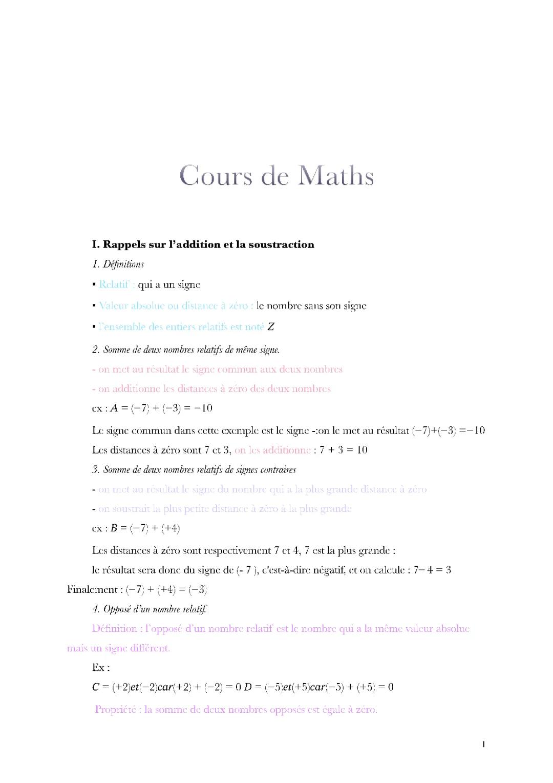 cours de maths opération nombre relatif 