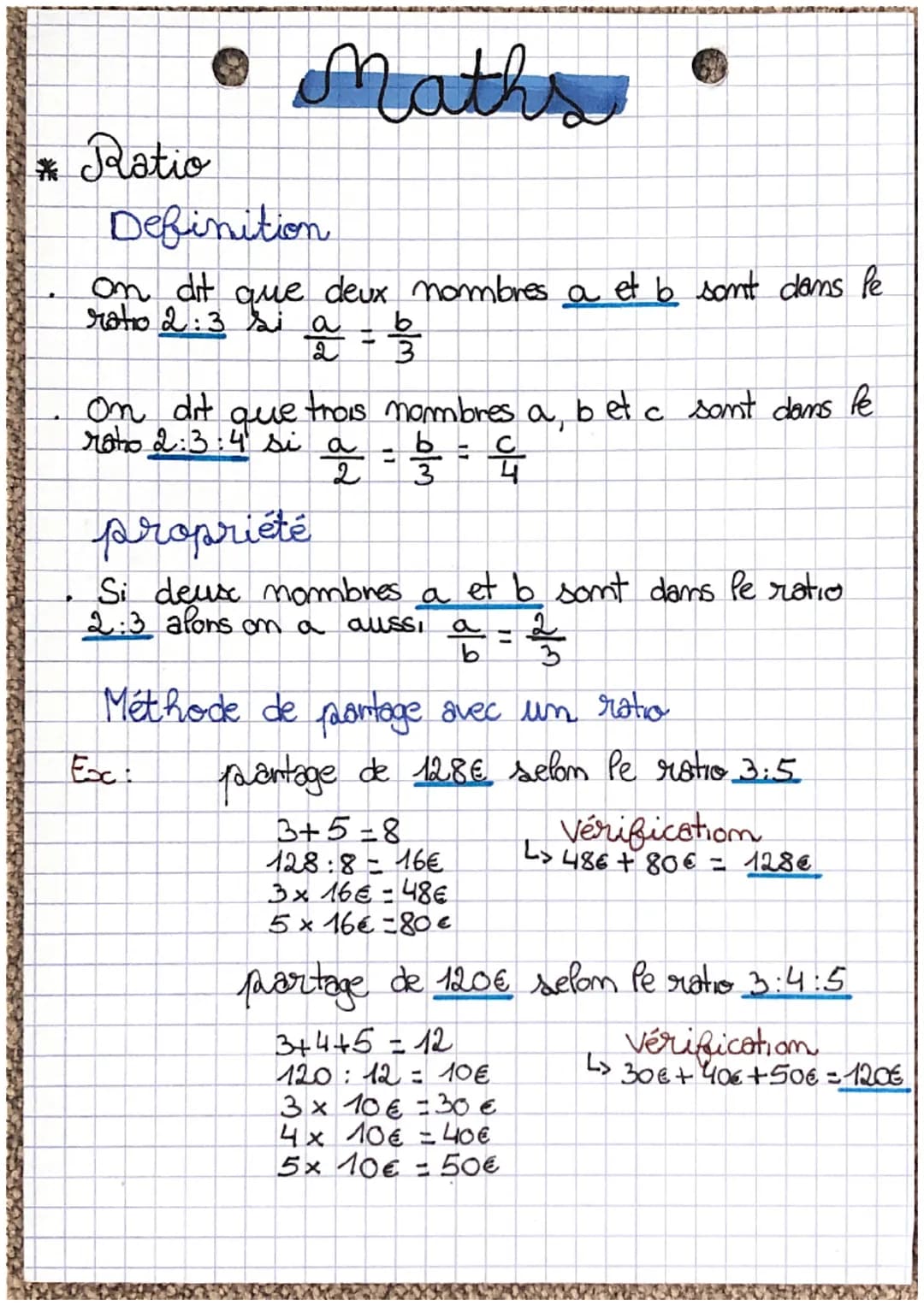 * Ratio
• Maths
Definition
On dit que deux nombres a et b sont dans le
ratio 2:3 si a
a = 110/102
b
3
On dit que trois nombres a, b et c son