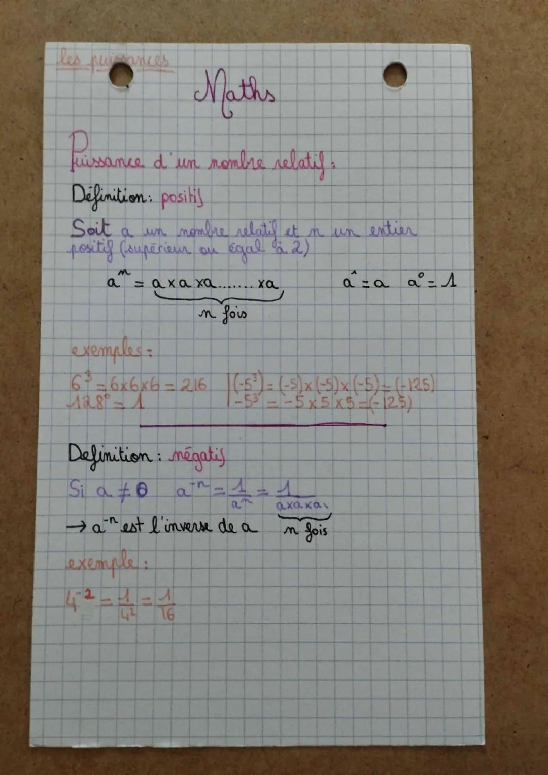 Maths
Puissance
ve d'un nombre relatif :
Définition: positi
Soit a un nombre relatif et n un entier
positif (supérieur ou égal à 2)
M
a
= ax