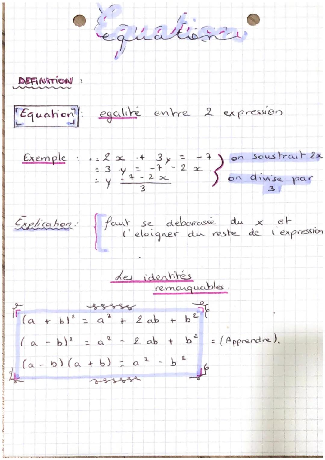 Equations

DEFINITION :

"Equation: egalité entre 2 expression

Exemple : 2x + 3x = -7
= 3 y = -7 - 2 x
: y = -7 - 2 x
3
on soustrait 2x
on 