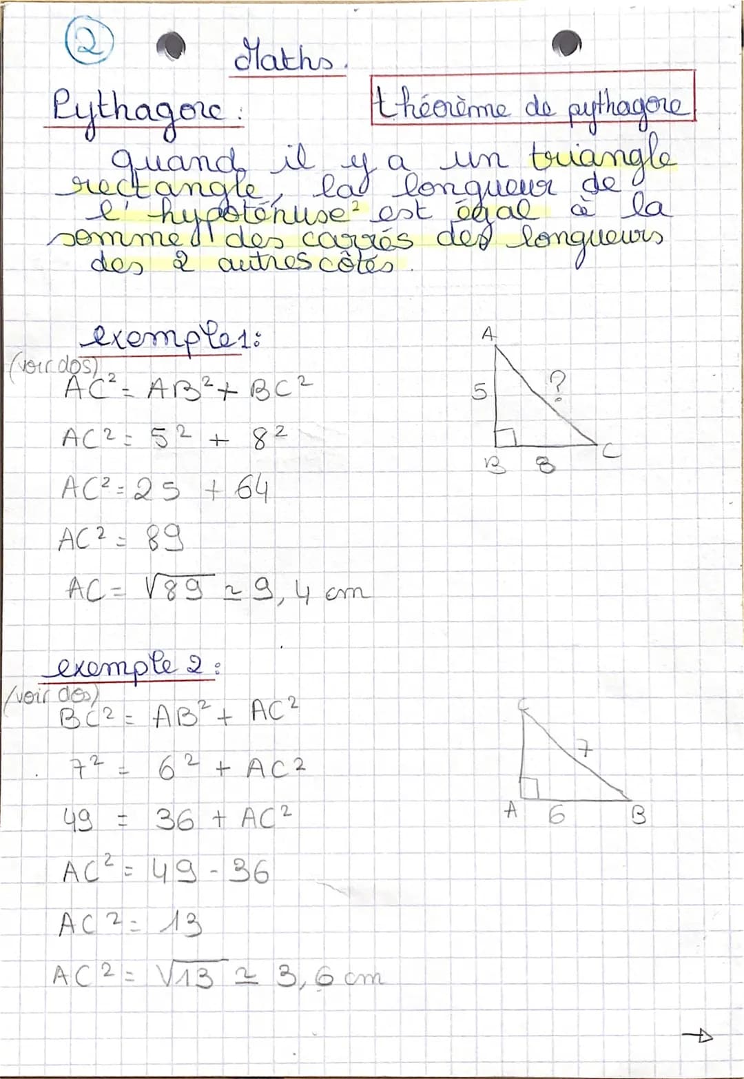 12
théorème de pythagore
quand i las
un triangle
longueur de
recto
à la
I hypoténuse est égal
somme des carrés des longueurs
I
Maths
Pythago