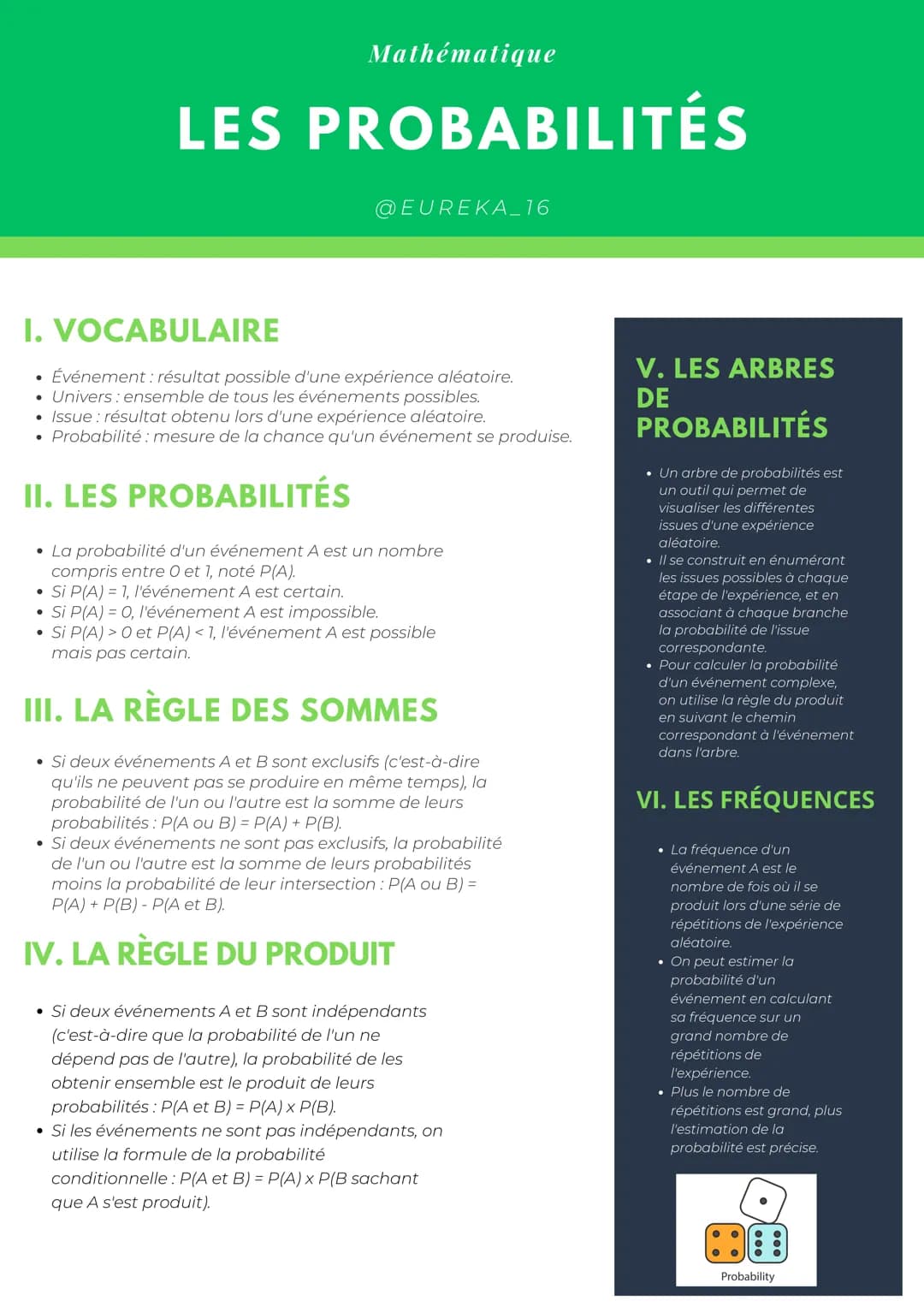 Mathématique
●
LES PROBABILITÉS
@EUREKA_16
I.
VOCABULAIRE
• Événement : résultat possible d'une expérience aléatoire.
• Univers: ensemble de