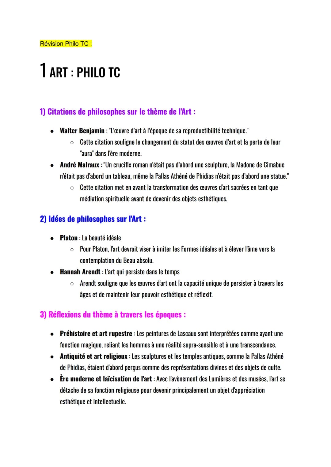 Révision Philo TC :
1 ART : PHILO TC
1) Citations de philosophes sur le thème de l'Art :
•
Walter Benjamin: "L'œuvre d'art à l'époque de sa 