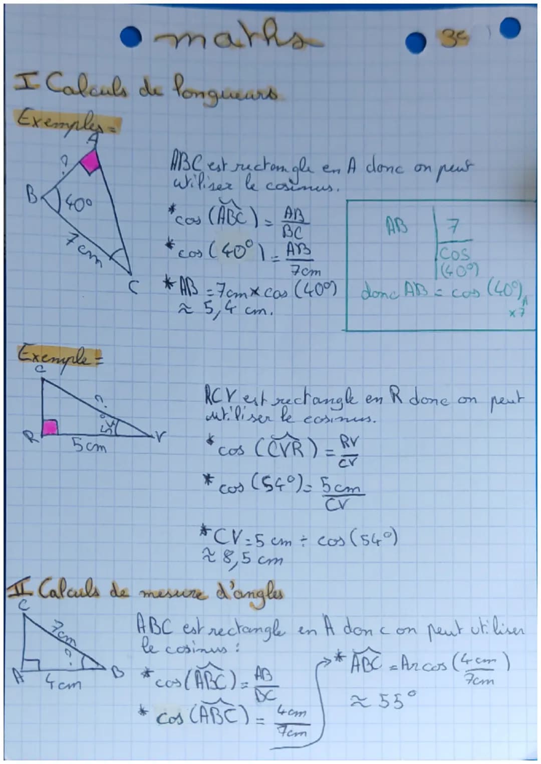 • maths
Cosinus d'un angle aigu
rectangle le
de fini
= côtz adjacent de l'angle
hypotenuse
Définition - Dans un tri
cosinus of'un angle aigu