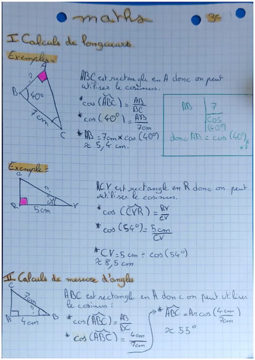 • maths
Cosinus d'un angle aigu
rectangle le
de fini
= côtz adjacent de l'angle
hypotenuse
Définition - Dans un tri
cosinus of'un angle aigu
