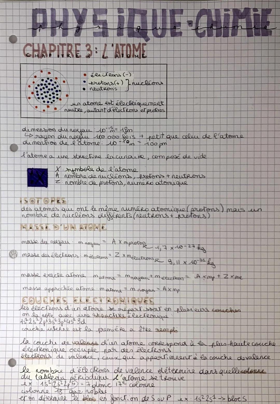 PHYSIQUE-CHIMIE
CHAPITRE 3: ATOME
électrons (-)
protons (+)
• neutrons
Inuctions
un atome est électriquement
neutre, autant d'électrons et p