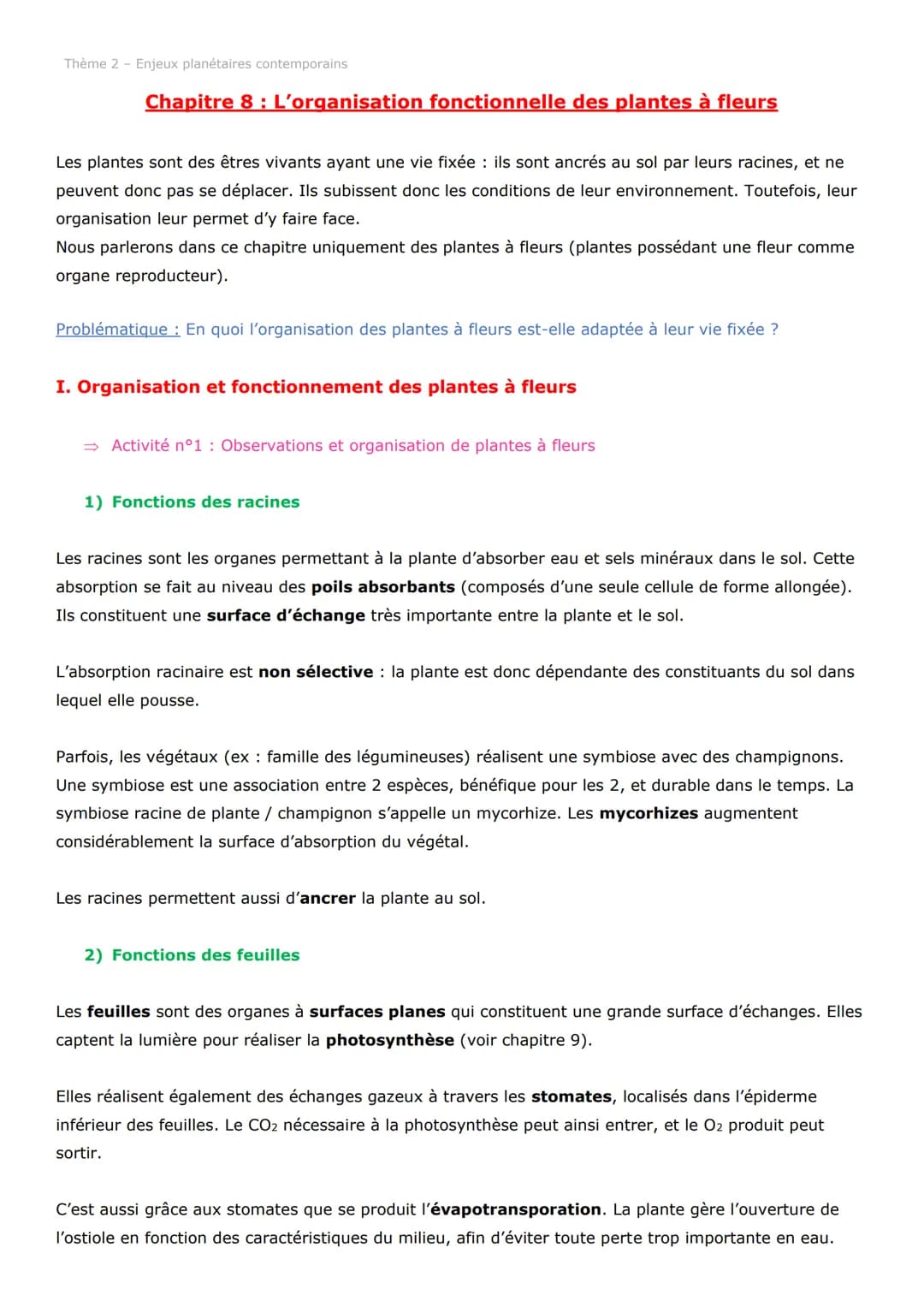 Thème 2 - Enjeux planétaires contemporains
Chapitre 8: L'organisation fonctionnelle des plantes à fleurs
Les plantes sont des êtres vivants 