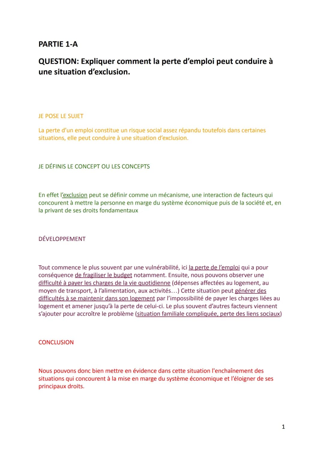 PARTIE 1-A
QUESTION: Expliquer comment la perte d'emploi peut conduire à
une situation d'exclusion.
JE POSE LE SUJET
La perte d'un emploi co