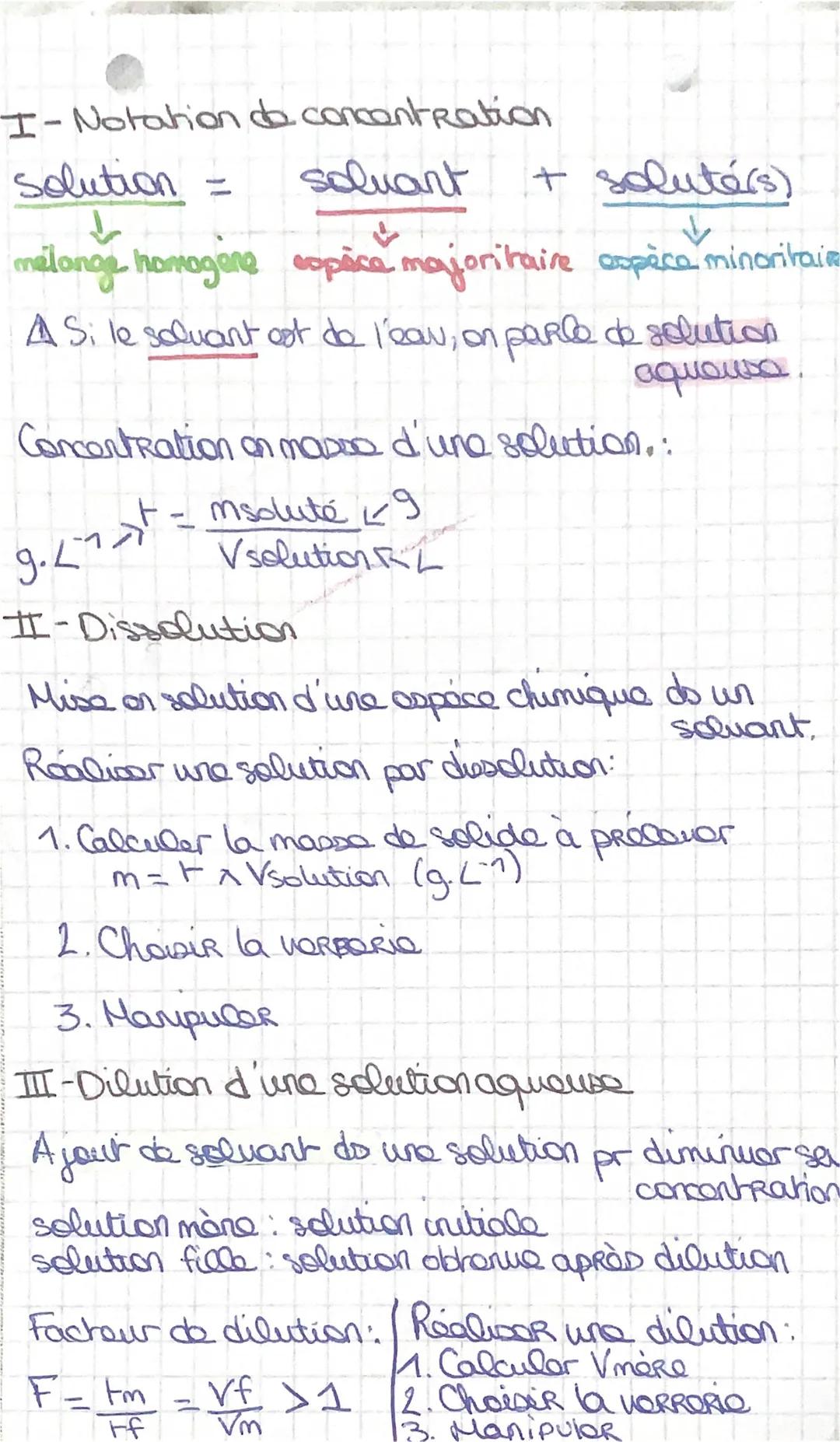 I-Notation de concentration
soluant
solution
↓
melange homogene
-
+ soluté(s)
✓
espèce majoritaire espèce minoritair
A Si le soluant est de 