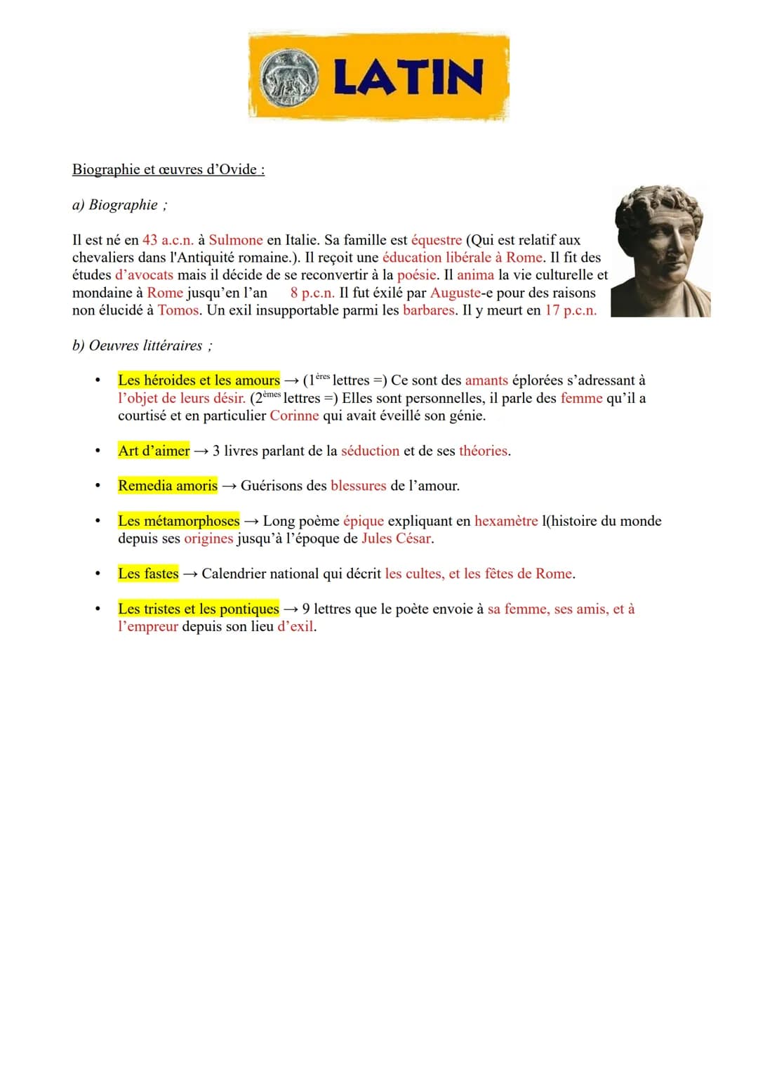 Biographie et œuvres d'Ovide :
●
●
a) Biographie;
Il est né en 43 a.c.n. à Sulmone en Italie. Sa famille est équestre (Qui est relatif aux
c