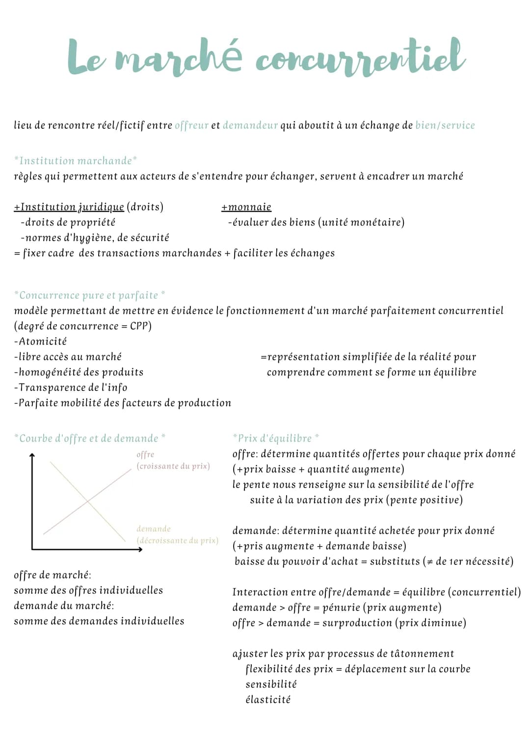 Le marché concurrentiel
lieu de rencontre réel/fictif entre offreur et demandeur qui aboutit à un échange de bien/service
*Institution march