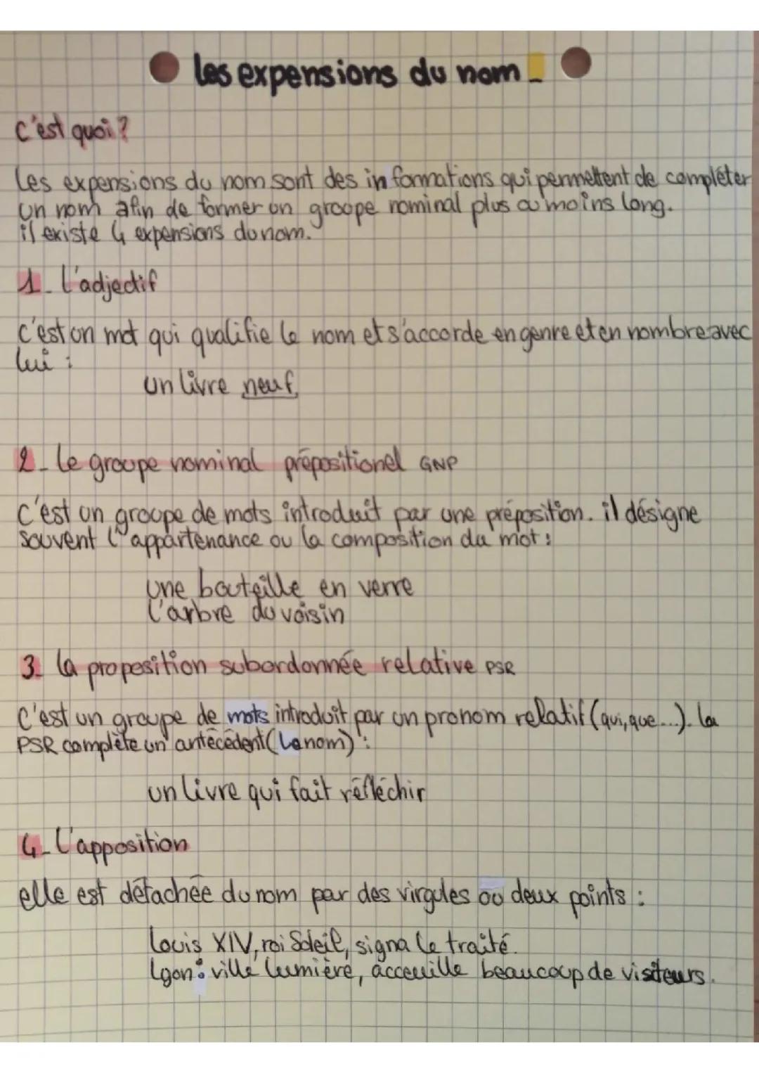 Les Expansions du Nom: Exemple, Exercices Corrigés et Cours pour la 5ème, 4ème et 3ème