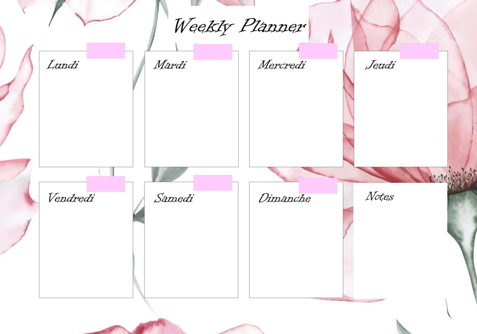 Lundi
Vendredi
Weekly Planner
Mardi
Samedi
Mercredi
Dimanche
Jeudi
Notes