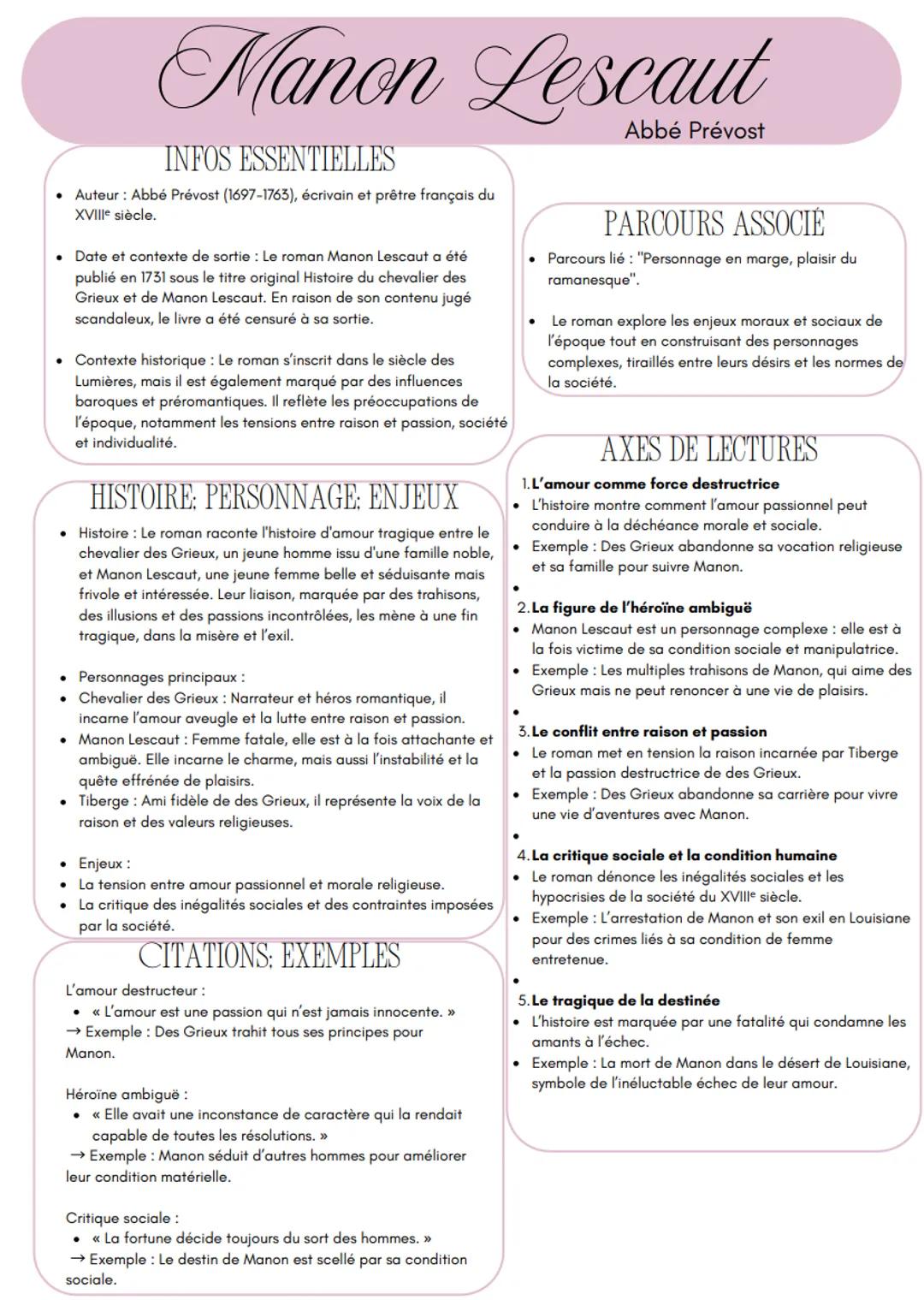 Manon Lescaut
Abbé Prévost
INFOS ESSENTIELLES
• Auteur: Abbé Prévost (1697-1763), écrivain et prêtre français du
XVIIIe siècle.
• Date et co
