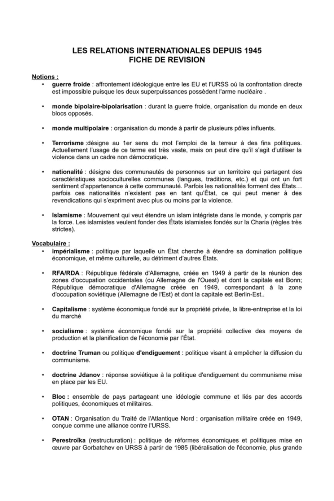 Notions :
guerre froide : affrontement idéologique entre les EU et l'URSS où la confrontation directe
est impossible puisque les deux superp