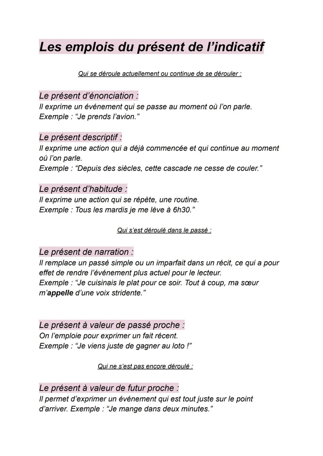 Les emplois du présent de l'indicatif
Qui se déroule actuellement ou continue de se dérouler :
Le présent d'énonciation :
Il exprime un évén