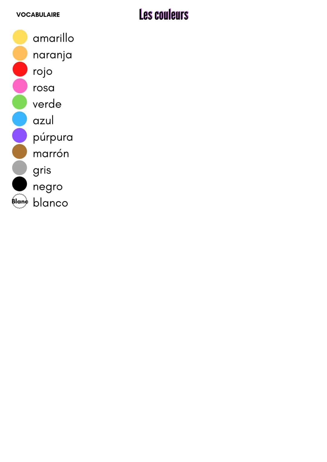 VOCABULAIRE
amarillo
naranja
rojo
rosa
verde
azul
púrpura
marrón
gris
negro
Blanc blanco
Les couleurs
