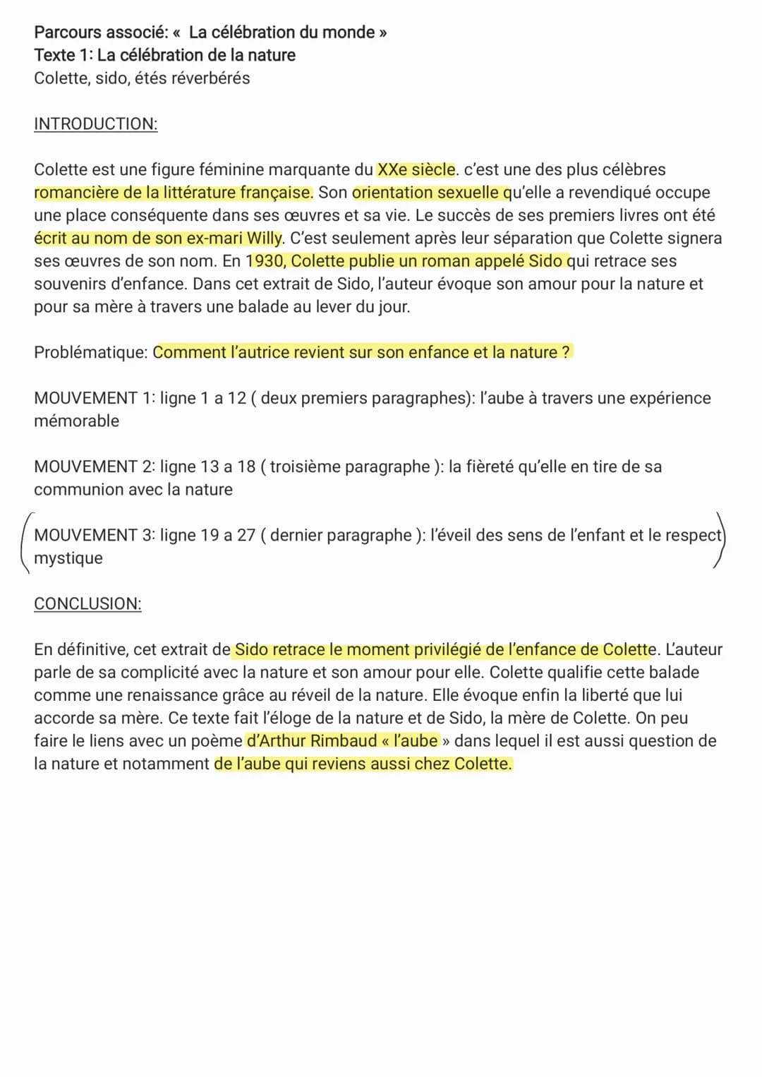 Parcours associé: « La célébration du monde »
Texte 1: La célébration de la nature
Colette, sido, étés réverbérés
INTRODUCTION:
Colette est 