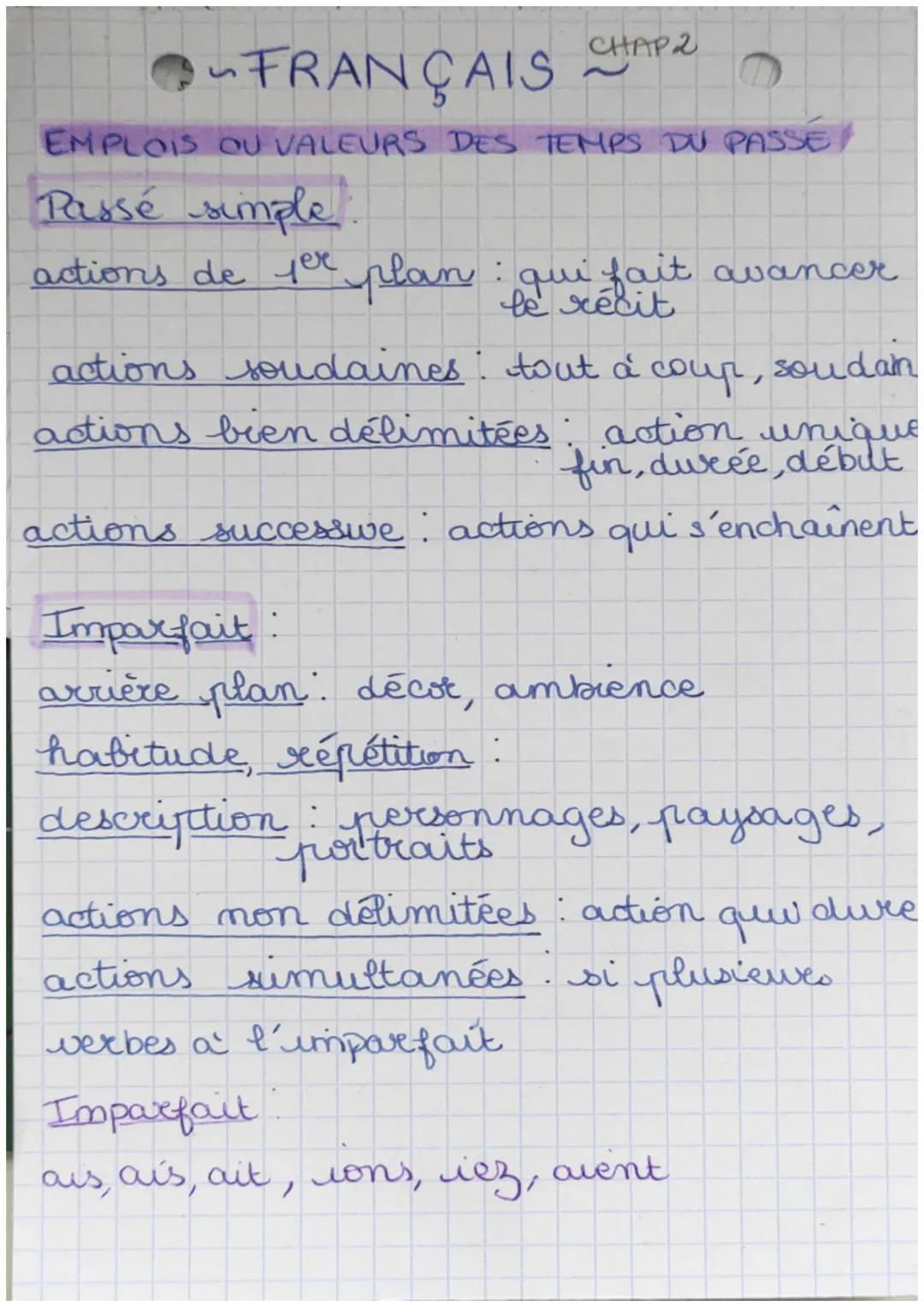 CHAP 2
~FRANÇAIS
EMPLOIS OU VALEURS DES TEMPS DU PASSE
Passé simple
actions de fer plan: qui fait avancer
actions soudaines : tout à coup, s