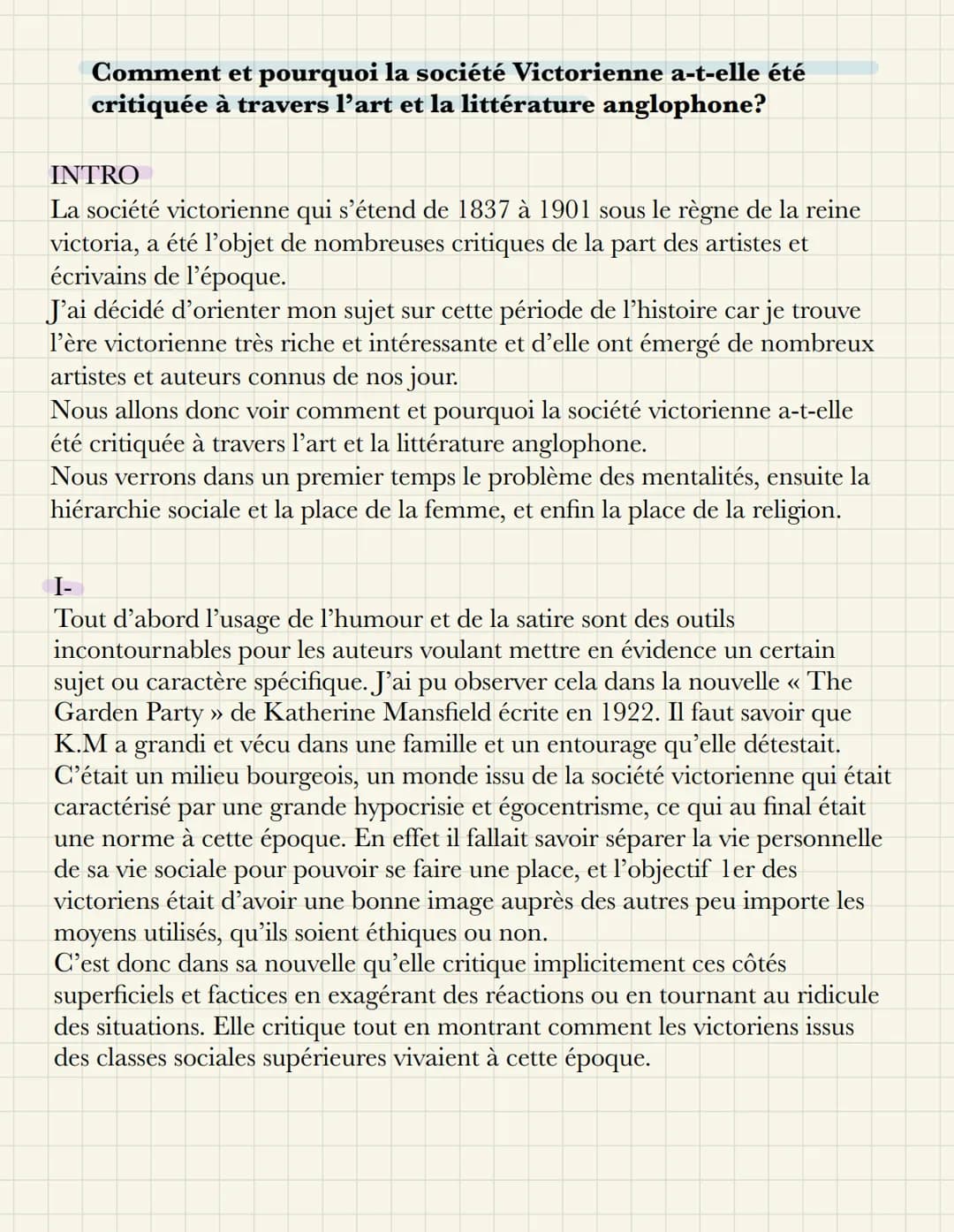 Comment et pourquoi la société Victorienne a-t-elle été
critiquée à travers l'art et la littérature anglophone?
INTRO
La société victorienne