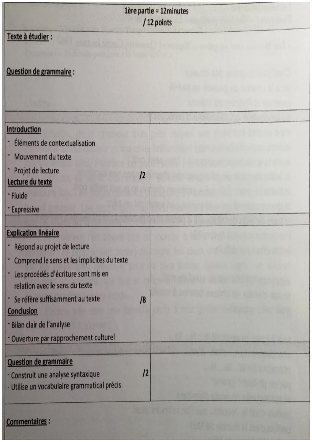 Texte à étudier:

1ère partie 12minutes
/12 points

Question de grammaire:

Introduction
- Éléments de contextualisation
- Mouvement du text