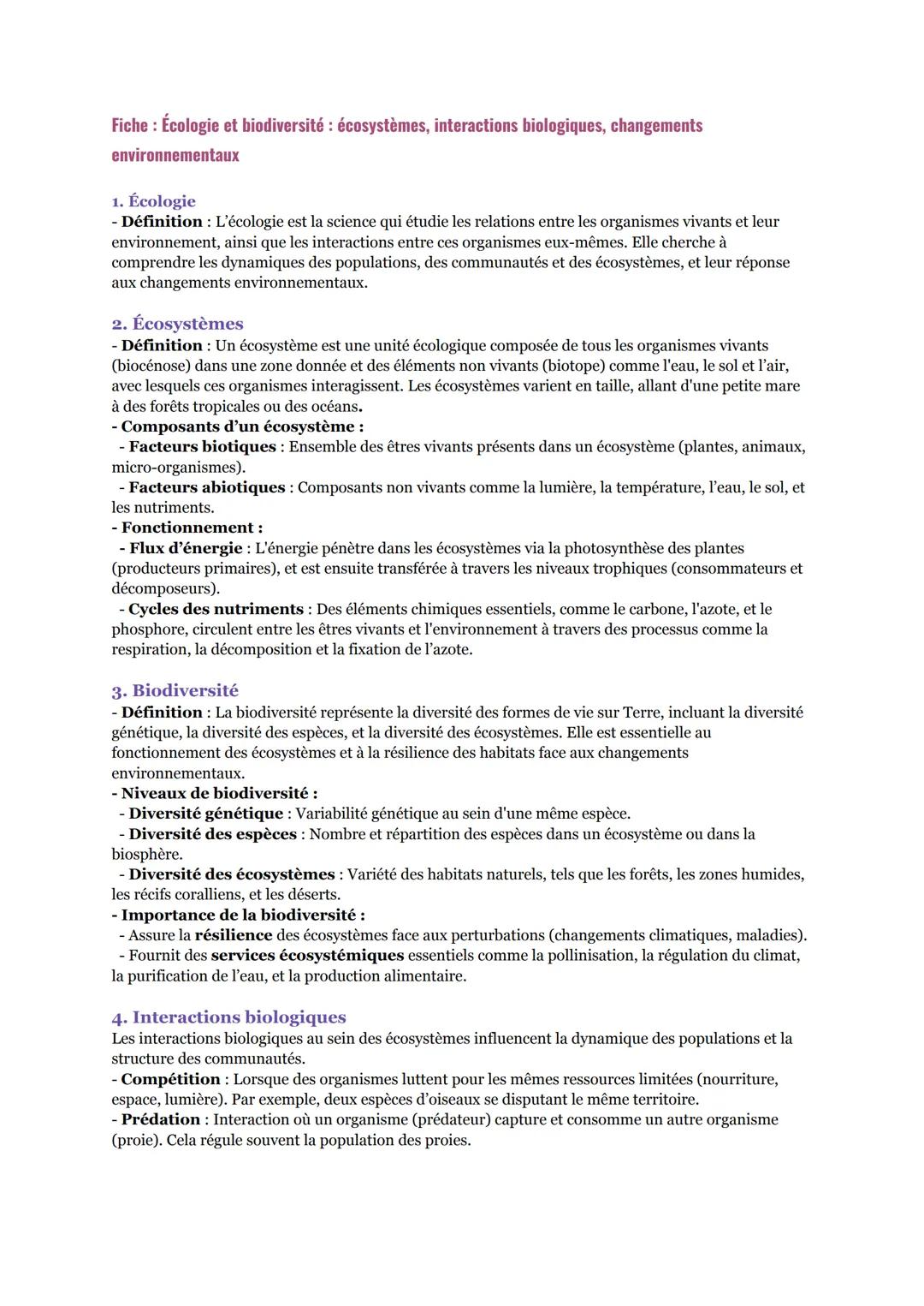 Fiche: Écologie et biodiversité: écosystèmes, interactions biologiques, changements
environnementaux

1. Écologie
- Définition: L'écologie e