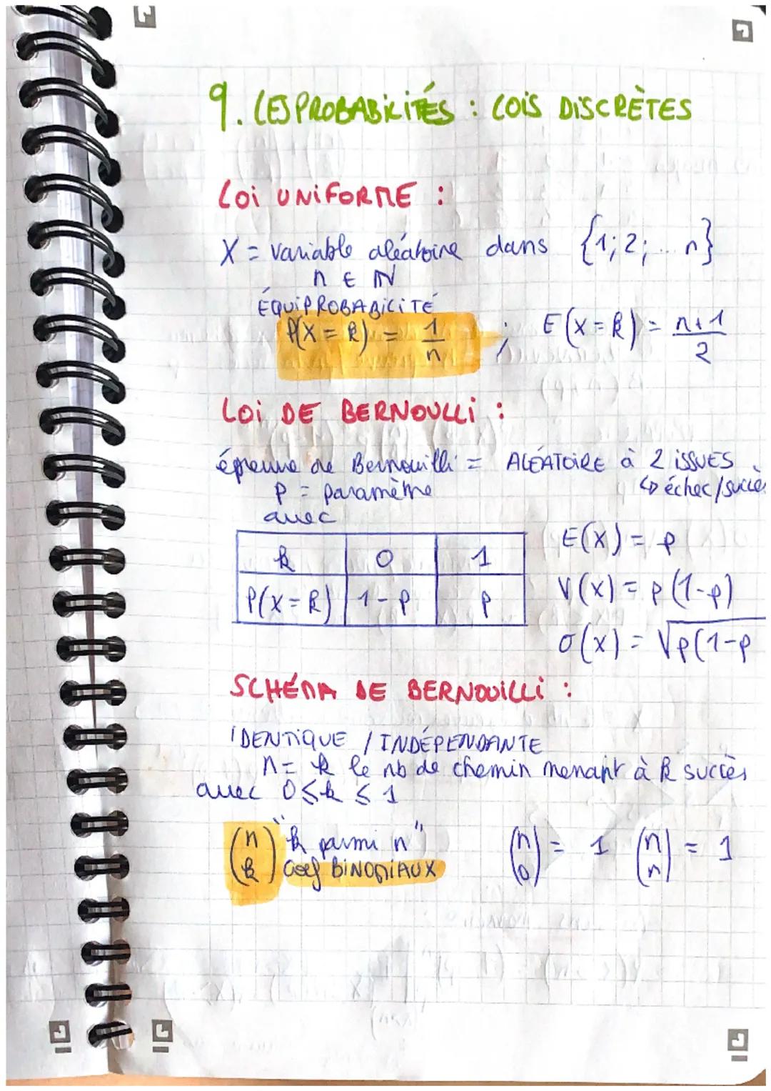 # 9. CES PROBABILITES: COIS DISCRETES

LOI UNIFORME :
$X$ = variable aléatoire dans ${1;2;..n}$
$N \in N$
EQUIPROBABICITÉ
$P(X=R) = \frac{1}