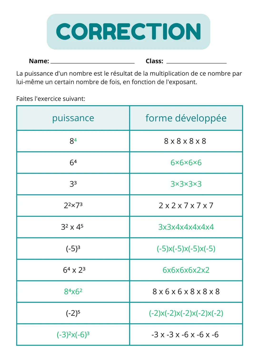 Corrigé sur les puissances. 