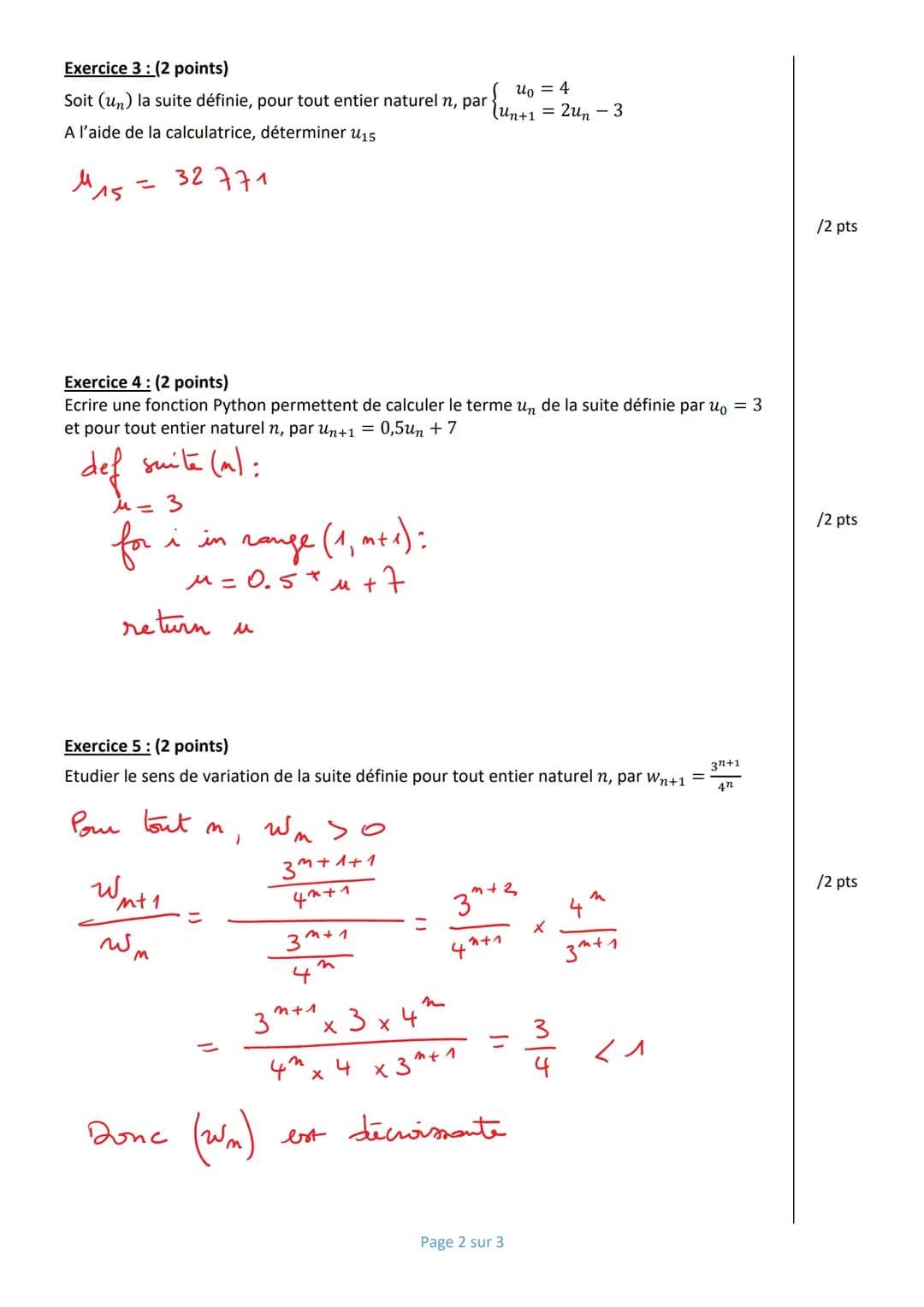Nom :
Prénom :
1ère Spé MATHAM
Note:
CORRECTION
Exercice 1: (6 points)
Soit (un) la suite définie, pour tout entier naturel n, par un = 3n² 