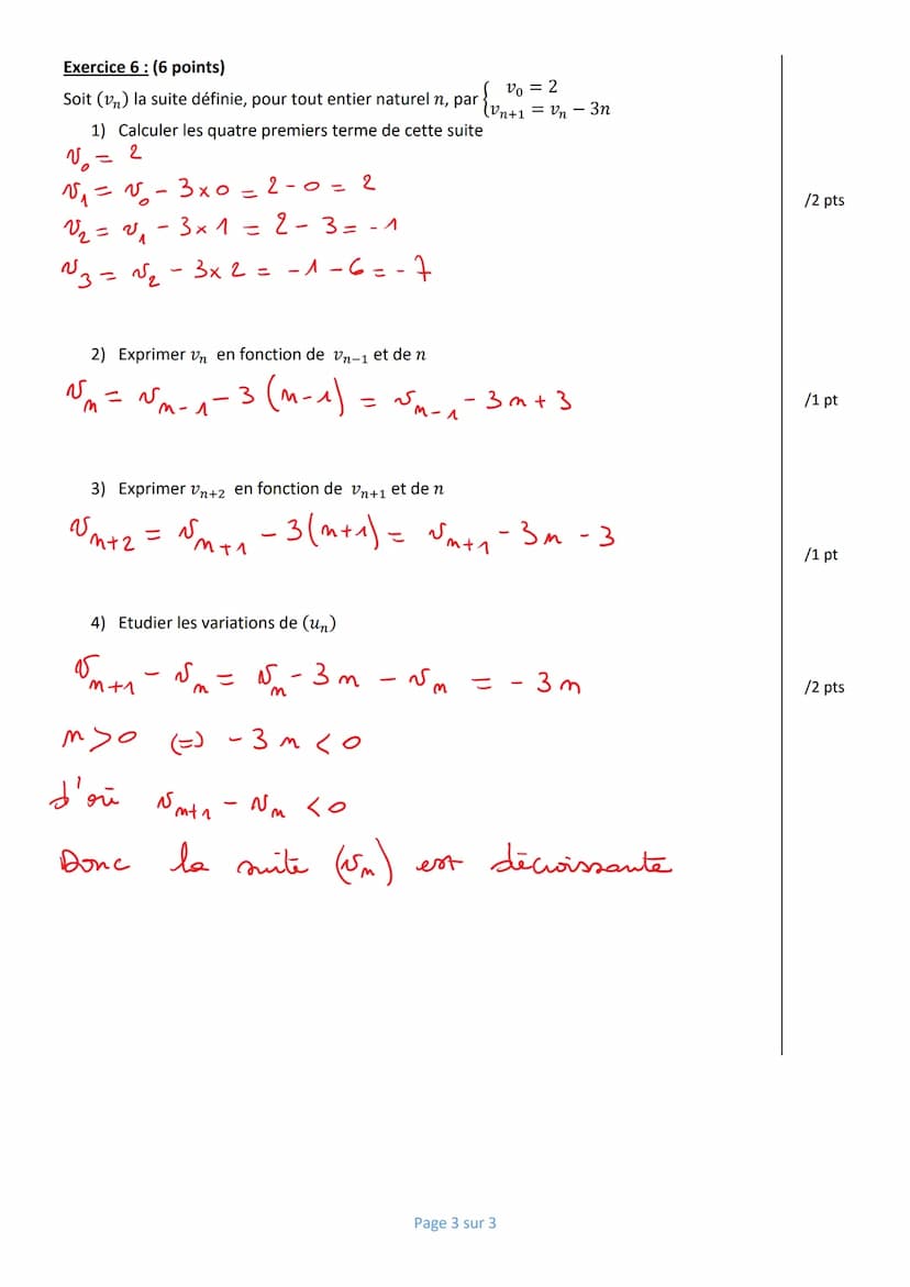 Nom :
Prénom :
1ère Spé MATHAM
Note:
CORRECTION
Exercice 1: (6 points)
Soit (un) la suite définie, pour tout entier naturel n, par un = 3n² 
