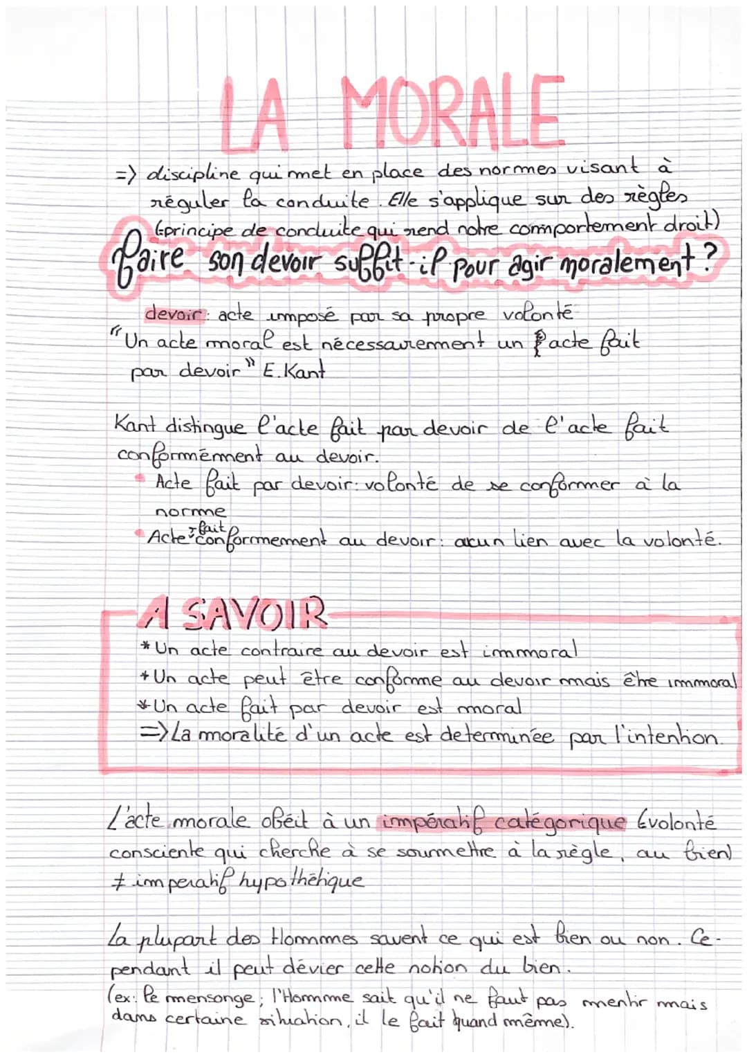 LA MORALE
=) discipline qui met en place des normes visant à
réguler la conduite Elle s'applique sur des règles
Eprincipe de conduite qui re