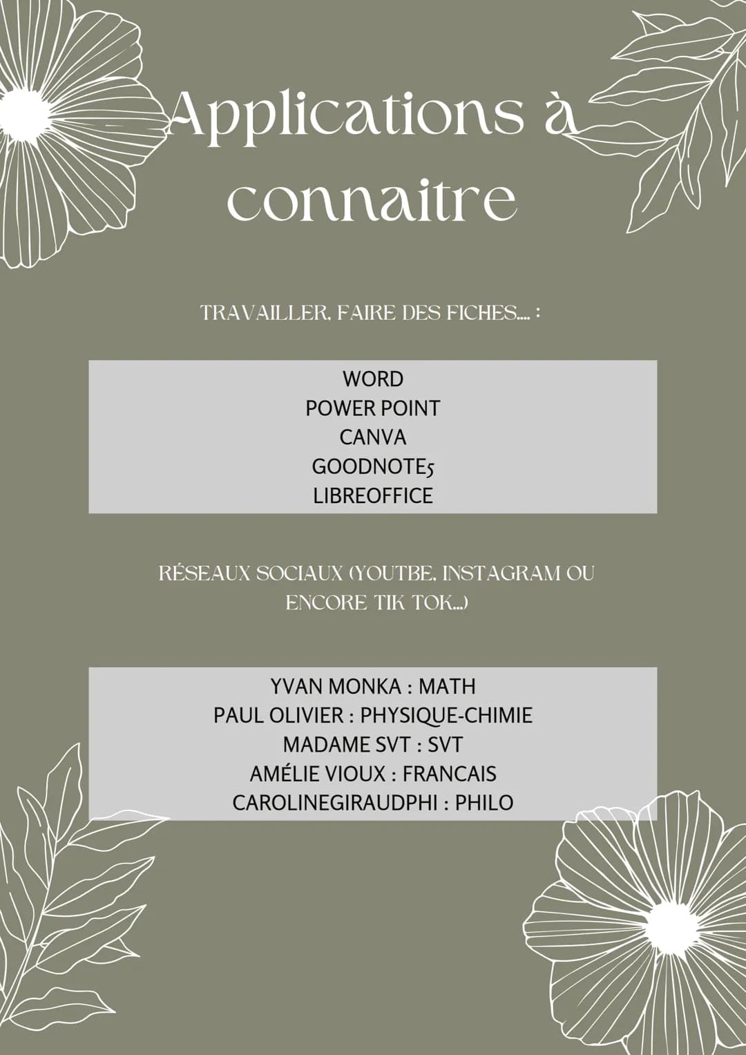 Applications à
connaitre
TRAVAILLER, FAIRE DES FICHES....:
WORD
POWER POINT
CANVA
GOODNOTE5
LIBREOFFICE
RÉSEAUX SOCIAUX (YOUTBE, INSTAGRAM O