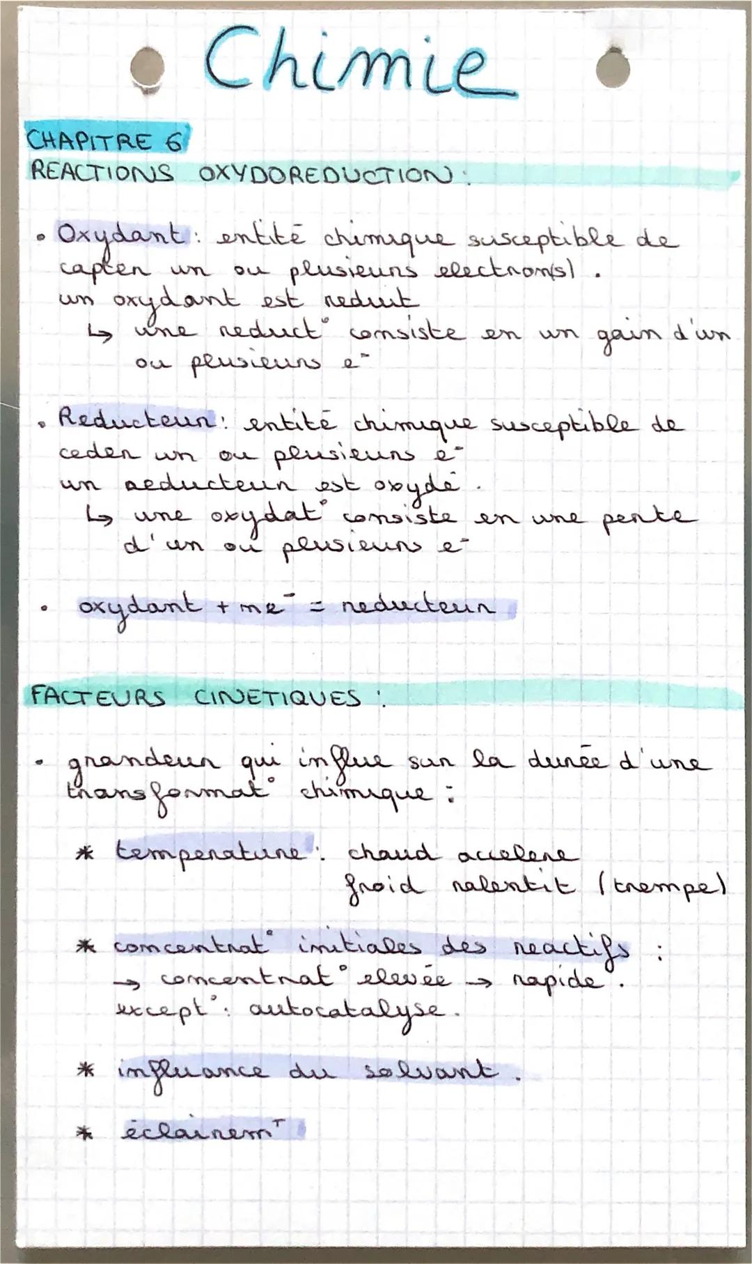 Chimie
CHAPITRE 6
REACTIONS OXYDOREDUCTION.
• Oxydant: entité chimique susceptible de
capten un ou plusieurs electrons).
oxydant est reduit
