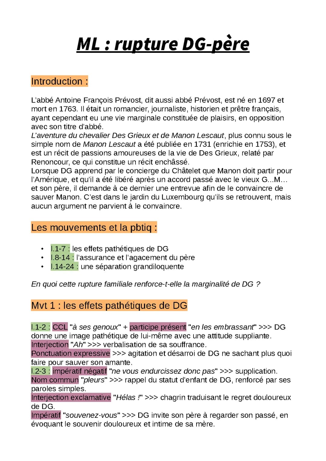 Analyse linéaire Manon Lescaut : rupture père fils et rencontre