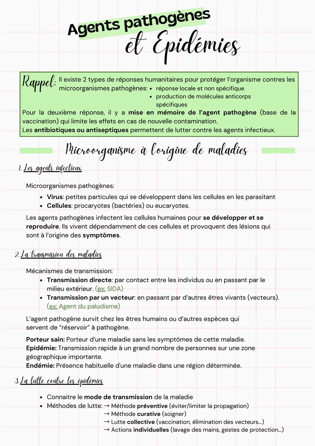 Rappel
Agents pathogènes
et Epidémies
Il existe 2 types de réponses humanitaires pour protéger l'organisme contres les
microorganismes patho
