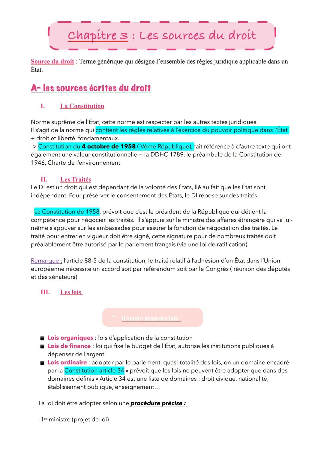 Chapitre 3 : Les sources du droit
Source du droit : Terme générique qui désigne l'ensemble des règles juridique applicable dans un
État.
A-l