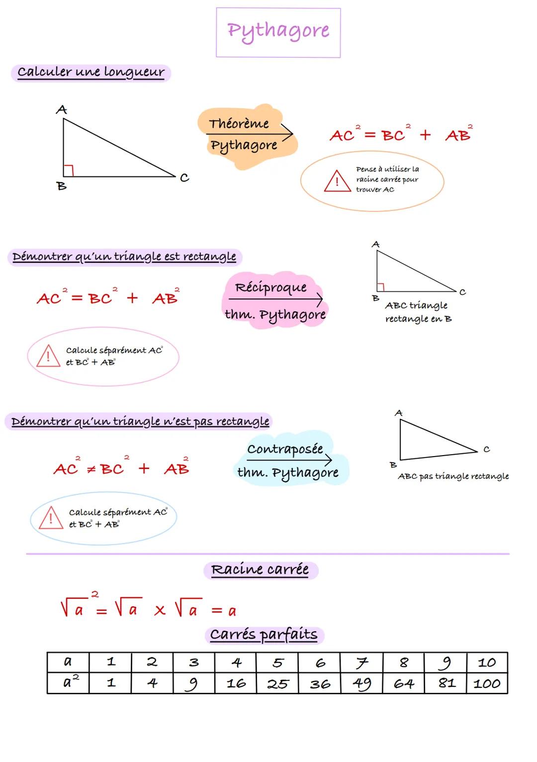 calculer une longueur
A
B
2
2
AC² = BC² + AB
calcule séparément AC²
et BC + AB
Démontrer qu'un triangle est rectangle
AC²
calcule séparément
