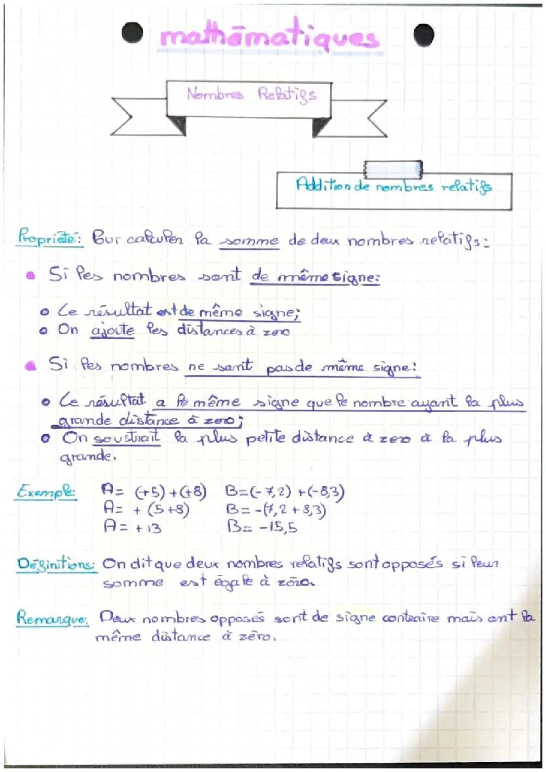 Exercices de soustraction et d'addition avec nombres relatifs 5ème