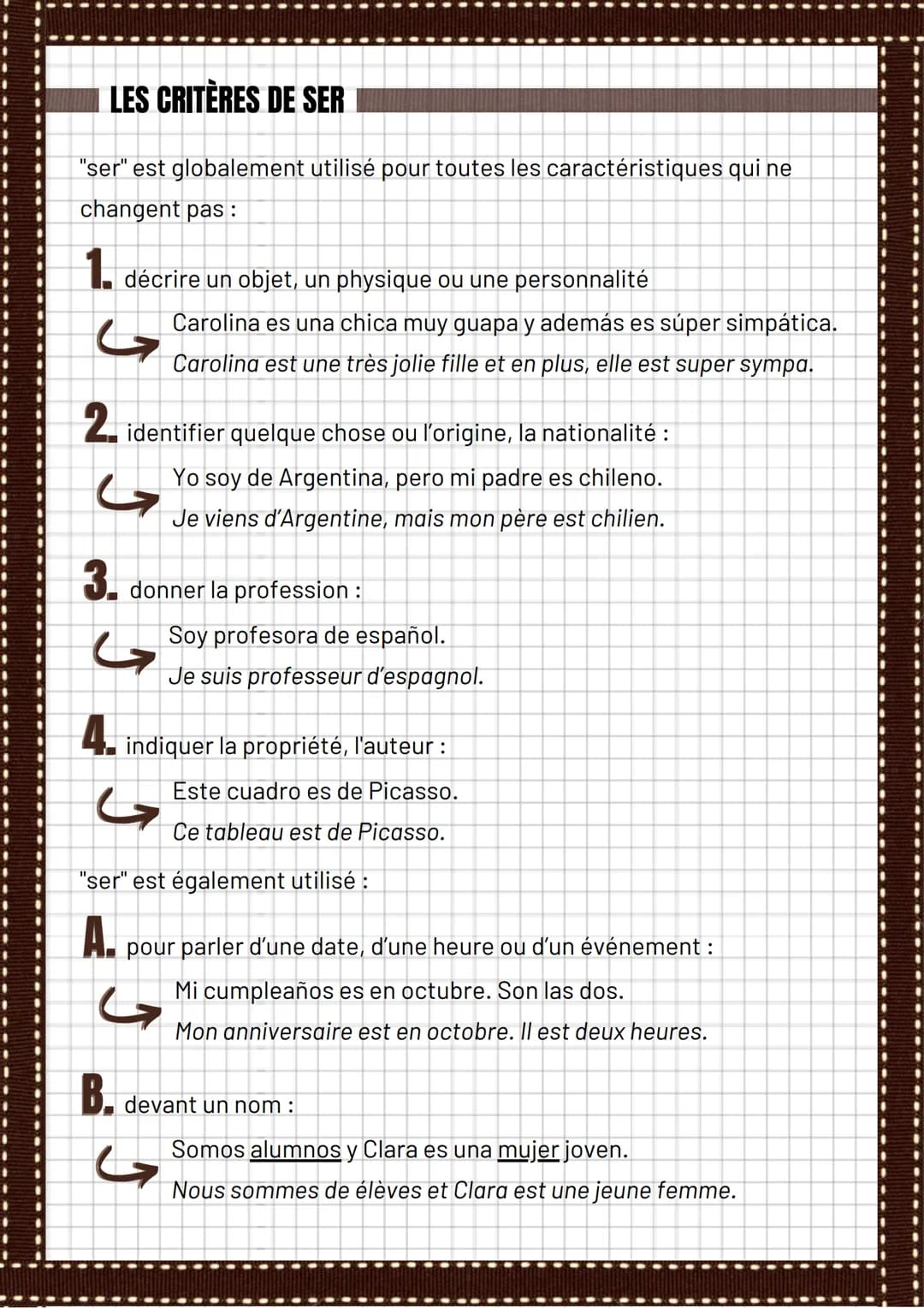 Ser et Estar
LA CONJUGAISON
Présent de l'indicatif / Presente de indicativo :
SER
Soy
Eres
Es
Somos
Sois
Son
SER
Era
Eras
Era
Éramos
Erais
I