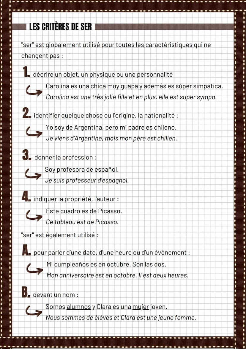 Ser et Estar
LA CONJUGAISON
Présent de l'indicatif / Presente de indicativo :
SER
Soy
Eres
Es
Somos
Sois
Son
SER
Era
Eras
Era
Éramos
Erais
I