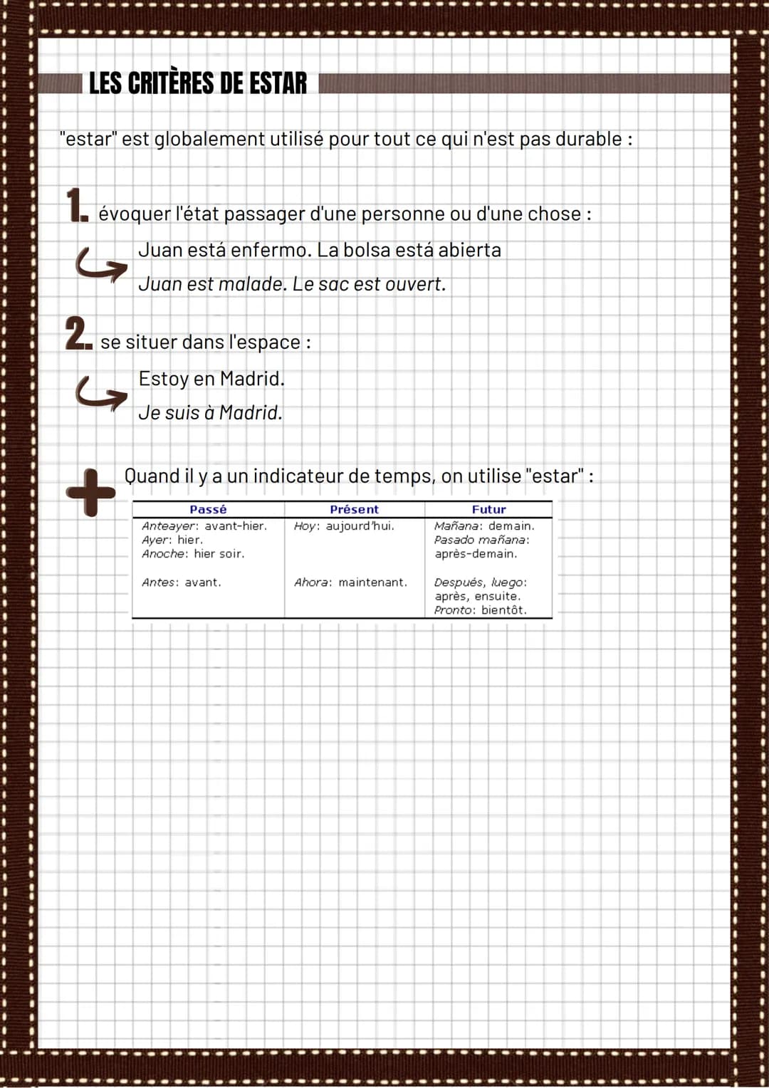 Ser et Estar
LA CONJUGAISON
Présent de l'indicatif / Presente de indicativo :
SER
Soy
Eres
Es
Somos
Sois
Son
SER
Era
Eras
Era
Éramos
Erais
I