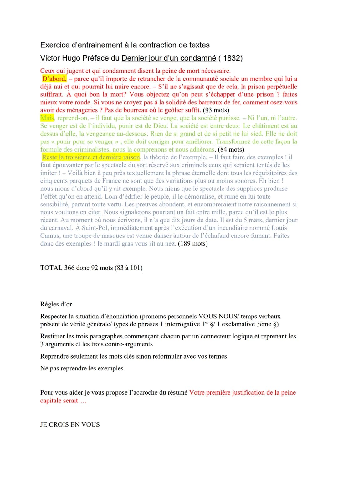 Exercice d'entrainement à la contraction de textes
Victor Hugo Préface du Dernier jour d'un condamné (1832)
Ceux qui jugent et qui condamnen