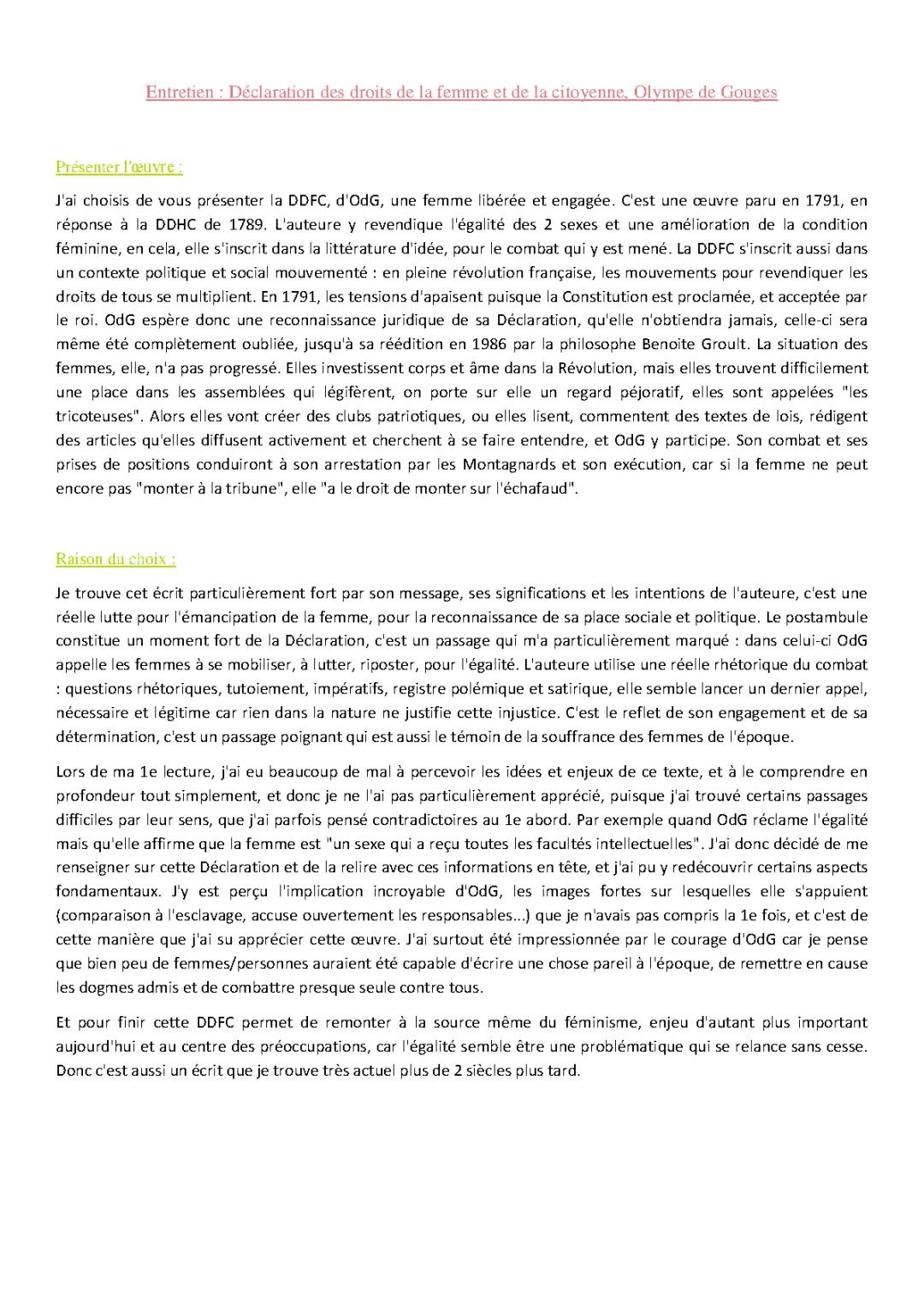 Pourquoi Choisir la DDFC à l'Oral de Français - Olympe de Gouges Bac de Français