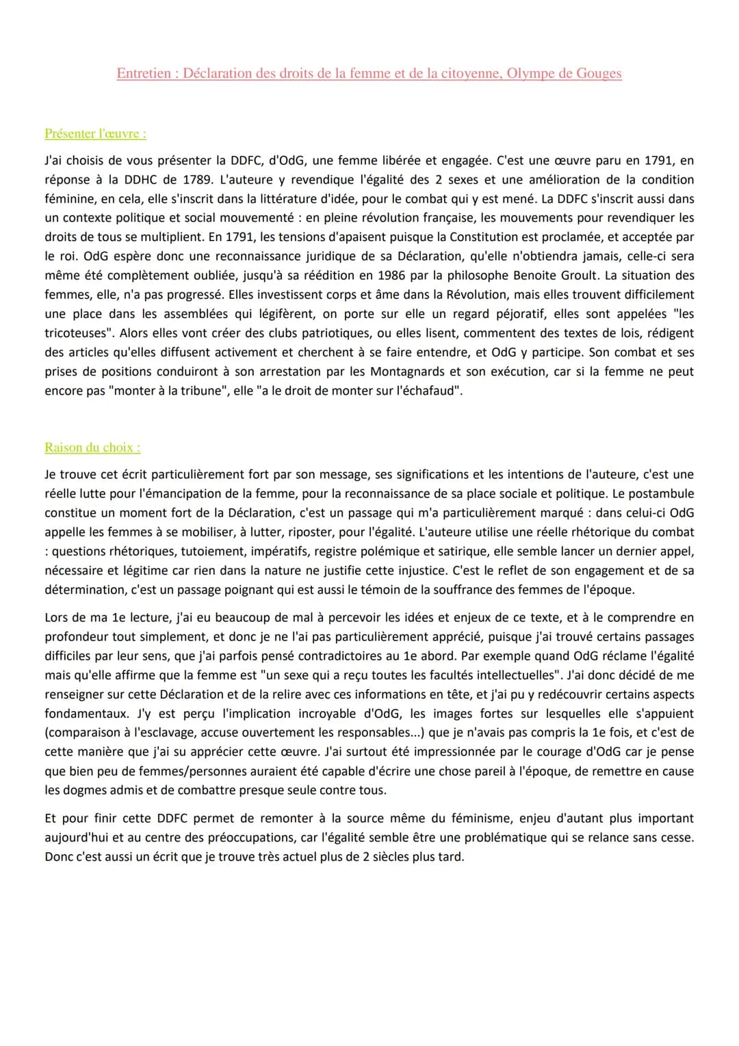 Entretien: Déclaration des droits de la femme et de la citoyenne, Olympe de Gouges
Présenter l'œuvre :
J'ai choisis de vous présenter la DDF