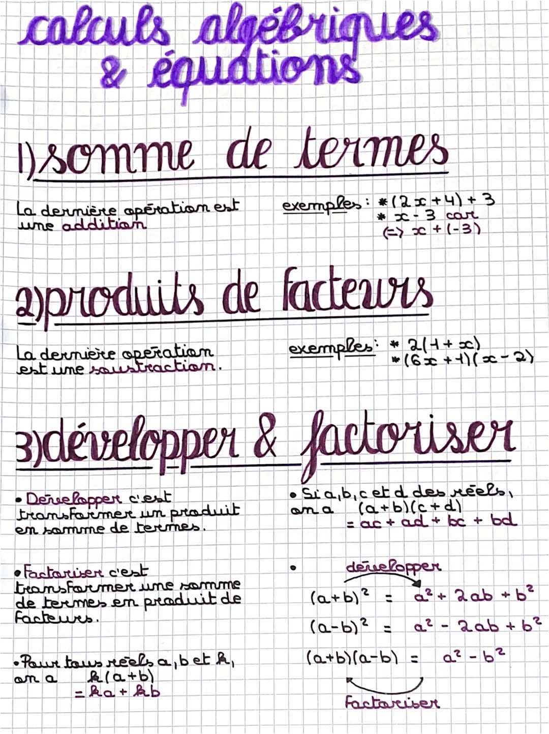calculs algébriques
& équations
1) somme de termes
La dernière opération est exemples: #(2x + 4) + 3
une addition
*x-3 car
(= x +(-3)
2produ